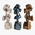 Abstract Stacked Sculptures With Textured Forms Gray Blue Brown Geometric Carvings