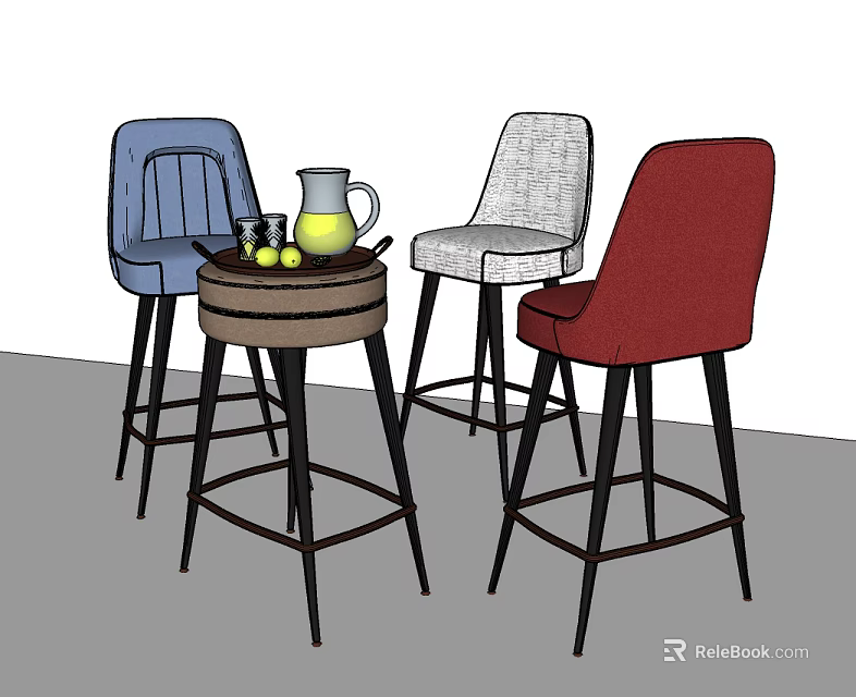 Modern Bar Stools in Blue Gray Red with Decorative Table Pitcher and Glasses 3d model