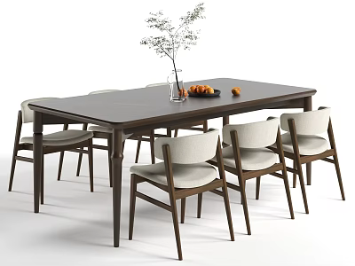 Modern Wooden Dining Table with Upholstered Chairs and Vase of Oranges and Green Plant 3d model
