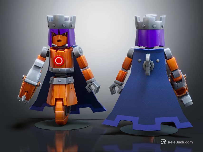 Two Lego Style Characters Orange Body Purple Hair Silver Crown Blue Cape Red Emblem 3d model 