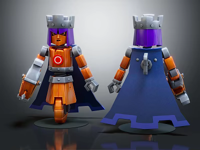 Two Lego Style Characters Orange Body Purple Hair Silver Crown Blue Cape Red Emblem 3d model
