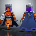 Two Lego Style Characters Orange Body Purple Hair Silver Crown Blue Cape Red Emblem