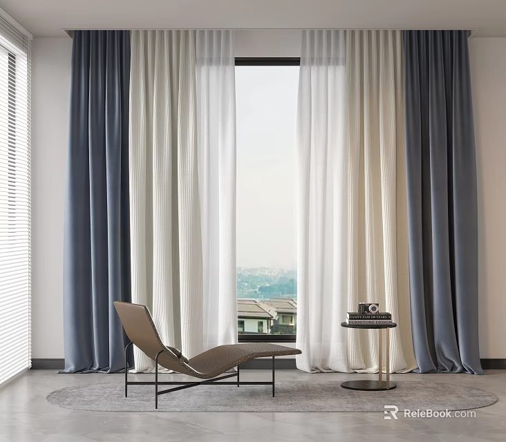 Blue and White Sheer Curtains with Thick Drapes for Modern Window with City View 3d model 