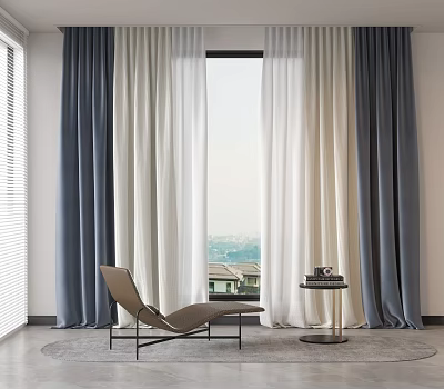 Blue and White Sheer Curtains with Thick Drapes for Modern Window with City View 3d model