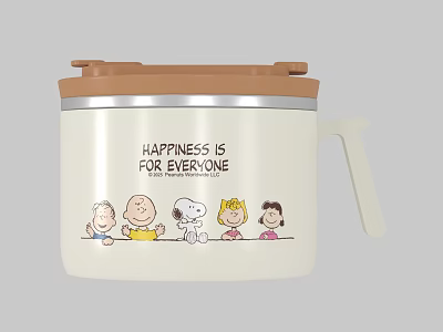 Stainless Steel Insulated Cup with Brown Lid White Handle and Cartoon Characters Happiness Slogan 3d model