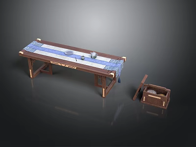 Wooden Table With Blue Cloth Bowl Cup And Open Wooden Box For Daily Use 3d model