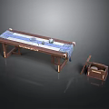 Wooden Table With Blue Cloth Bowl Cup And Open Wooden Box For Daily Use