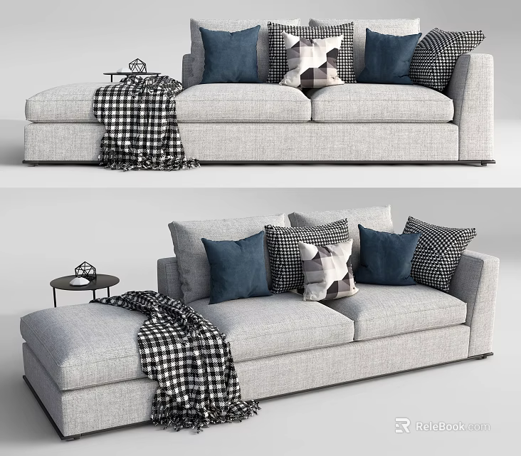 Gray Three Seater Sofa With Blue Checkered Decorative Pillows Plaid Blanket And Side Table 3d model