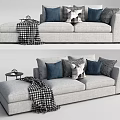 Gray Three Seater Sofa With Blue Checkered Decorative Pillows Plaid Blanket And Side Table 3d model