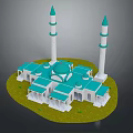 Cartoon Mosque Scene With Green Domes White Walls Twin Minarets Green Grass And 3D Design