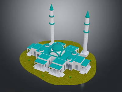 Cartoon Mosque Scene With Green Domes White Walls Twin Minarets Green Grass And 3D Design 3d model