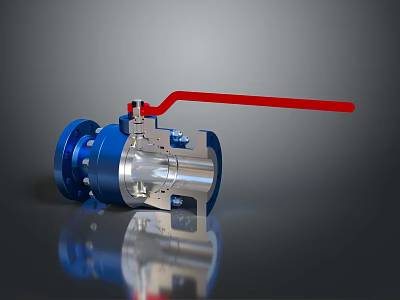 Industrial Ball Valve With Blue Flange Silver Body And Red Handle 3d model