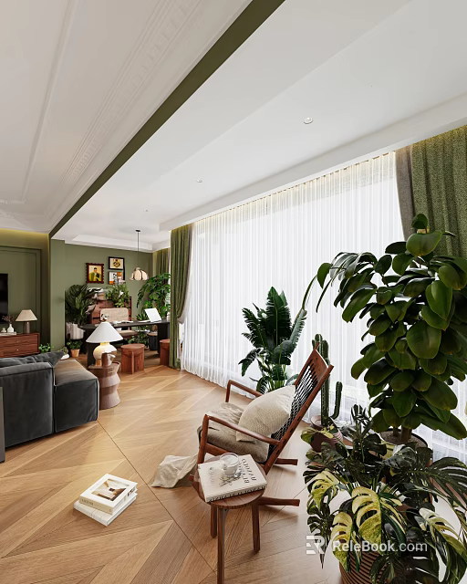 Cozy Home Balcony Space With Lush Greenery White Curtains And Wooden Flooring 3d model 