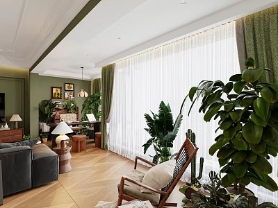 Cozy Home Balcony Space With Lush Greenery White Curtains And Wooden Flooring 3d model