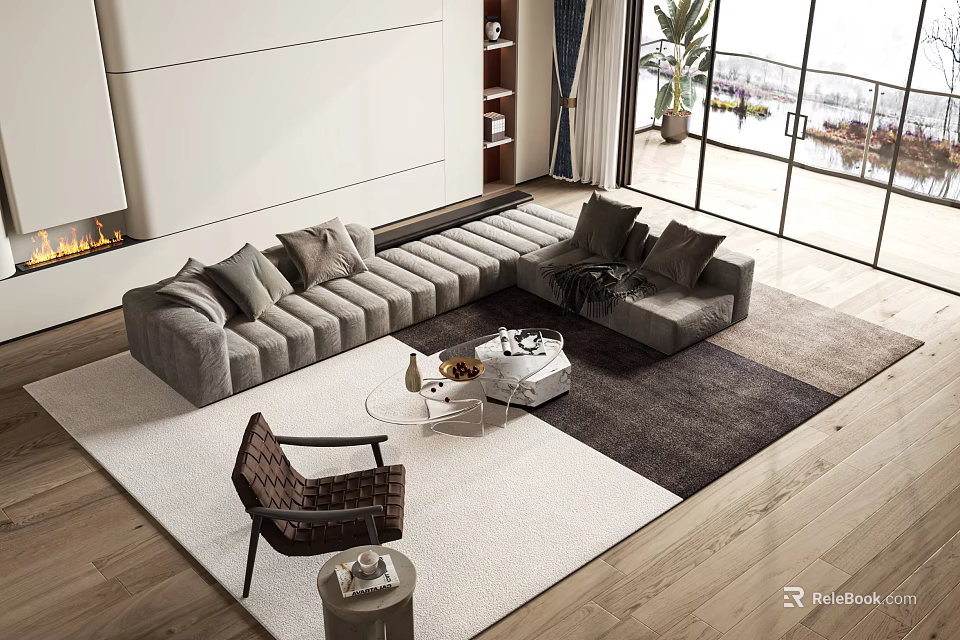 Modern L shaped Gray Sofa and Round Coffee Table Set in Stylish Living Room 3d model 