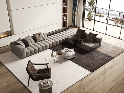 Modern L shaped Gray Sofa and Round Coffee Table Set in Stylish Living Room 3d model