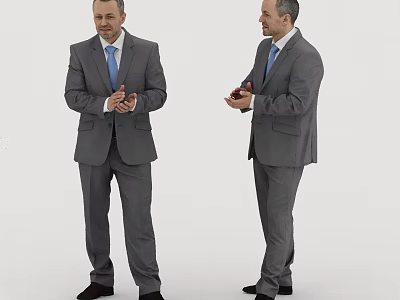 Two Men in Gray Suits Standing in Different Poses Against White Background 3d model