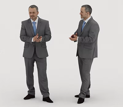 Two Men in Gray Suits Standing in Different Poses Against White Background 3d model