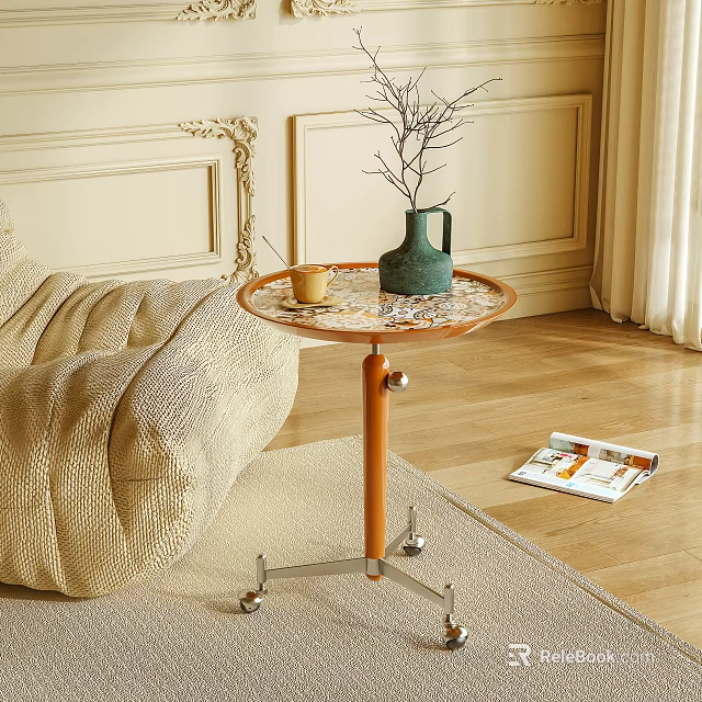 Stylish Side Table With Wheels Green Vase Small Cup Beige Sofa Wooden Floor And Magazine 3d model 