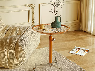 Stylish Side Table With Wheels Green Vase Small Cup Beige Sofa Wooden Floor And Magazine 3d model