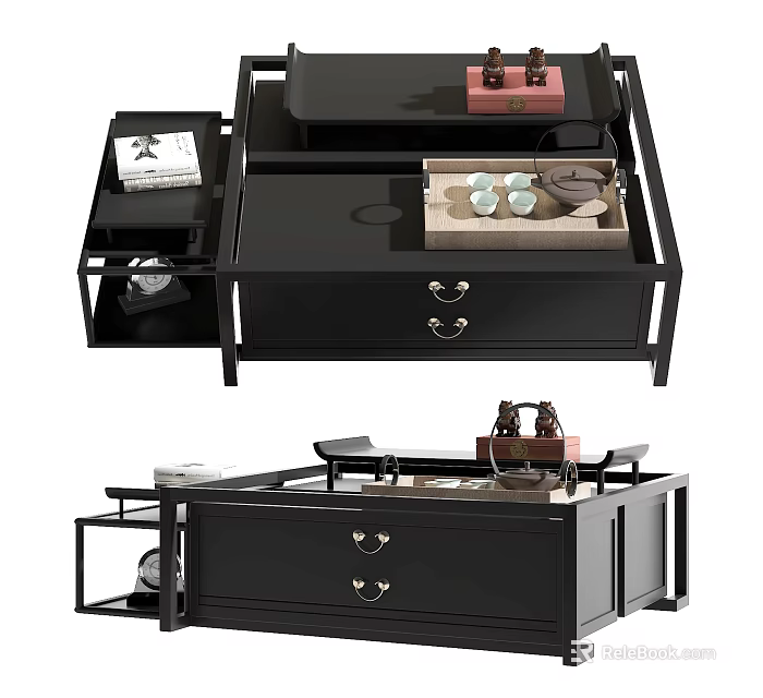 Black Modern Coffee Table with Layered Shelves Drawers Decorative Tray Tea Cups and Accessories 3d model 