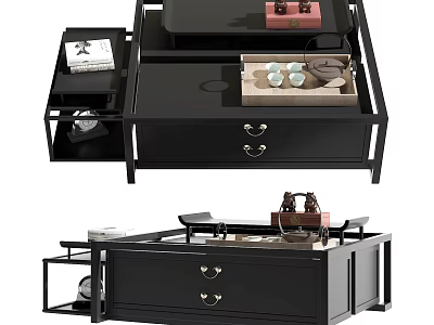Black Modern Coffee Table with Layered Shelves Drawers Decorative Tray Tea Cups and Accessories 3d model