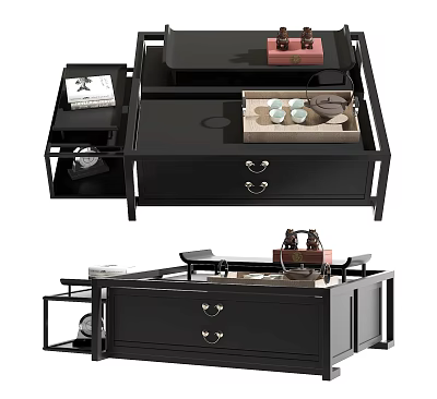 Black Modern Coffee Table with Layered Shelves Drawers Decorative Tray Tea Cups and Accessories 3d model