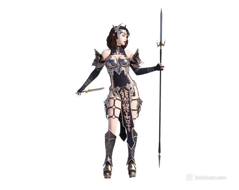 Fantasy Game Movie Female Warrior In Intricate Armor With Spear And Headpiece 3d model 