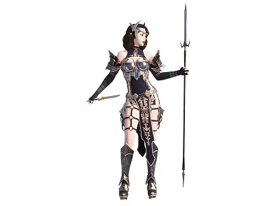 Fantasy Game Movie Female Warrior In Intricate Armor With Spear And Headpiece 3d model