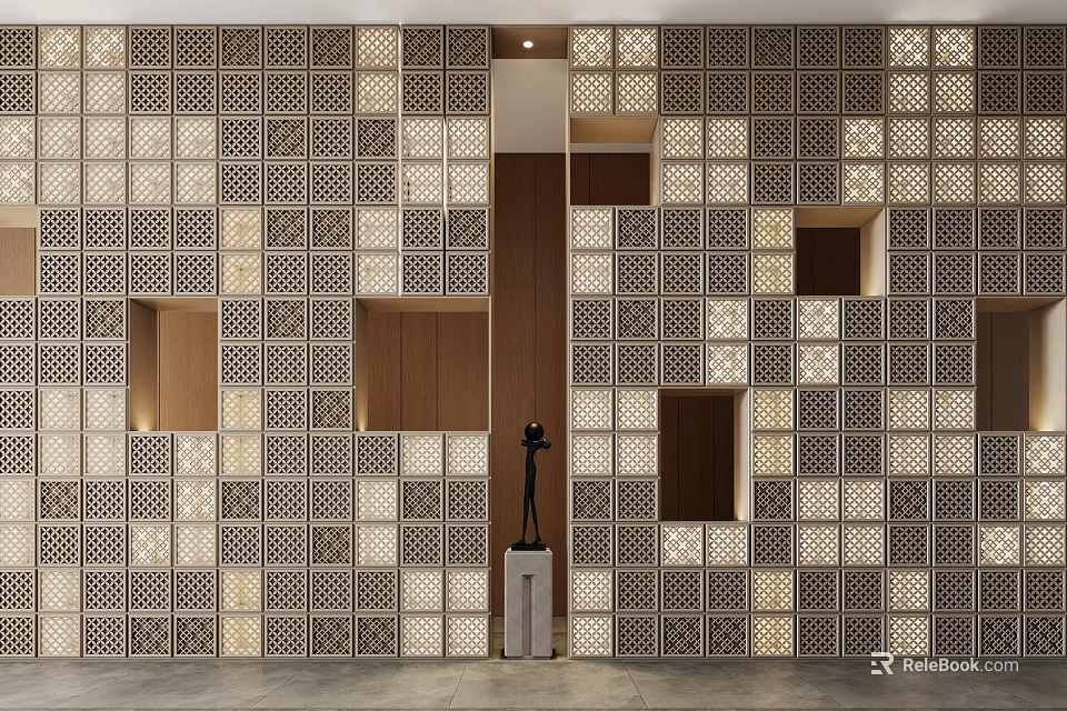 Beige And Brown Room Partition Wall With Geometric Square Hollow Panels And Black Sculpture 3d model 