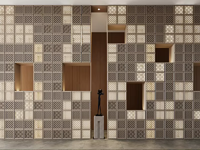 Beige And Brown Room Partition Wall With Geometric Square Hollow Panels And Black Sculpture 3d model