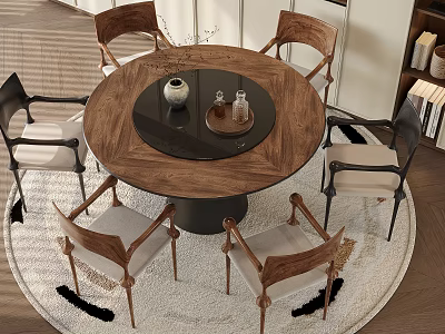 Modern Round Wooden Dining Table Set with Six Upholstered Fabric Chairs 3d model