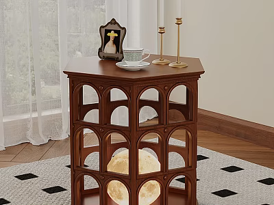 Wooden Side Table With Openwork Design And Glowing Moon Detail On Checkered Rug 3d model