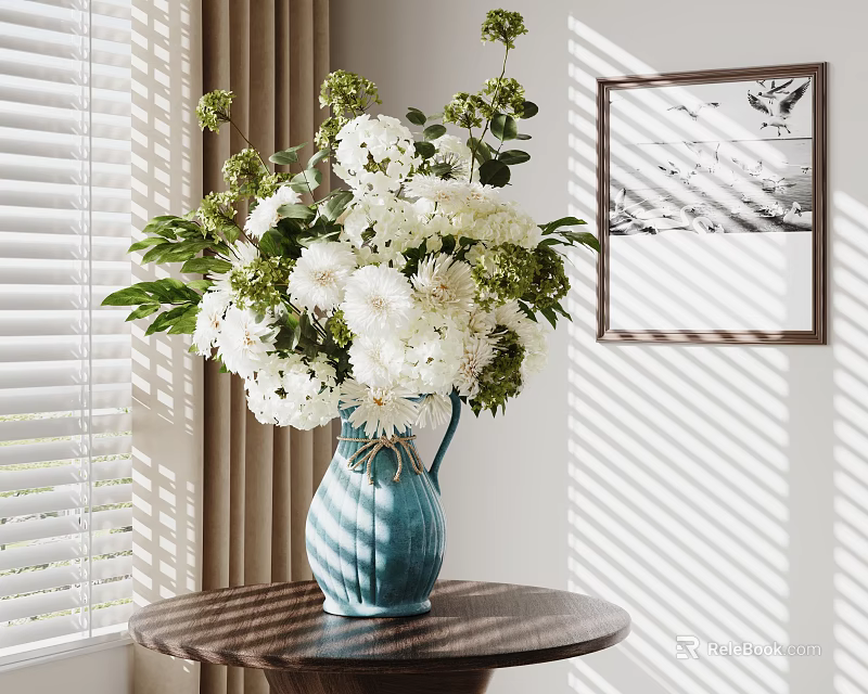 Decorative Ornament Set with Blue Vase White Flowers Greenery on Wooden Table and Wall Art 3d model 