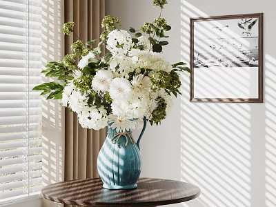 Decorative Ornament Set with Blue Vase White Flowers Greenery on Wooden Table and Wall Art 3d model