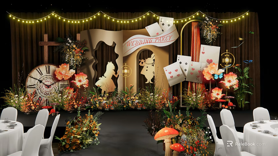 Alice in Wonderland Banquet Hall Decorated With Playing Cards Flowers Clock Mushroom And String Lights 3d model 