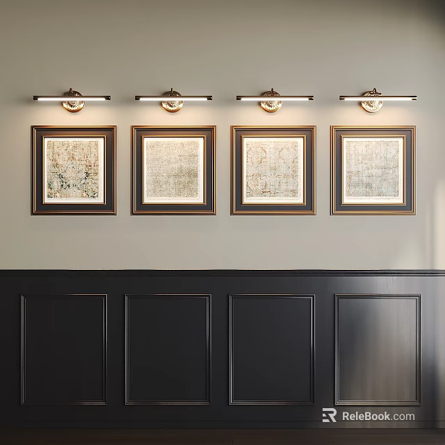 Elegant Interior Wall With Four Framed Artworks Wall Sconces And Paneled Design 3d model 