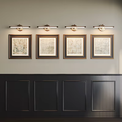 Elegant Interior Wall With Four Framed Artworks Wall Sconces And Paneled Design 3d model
