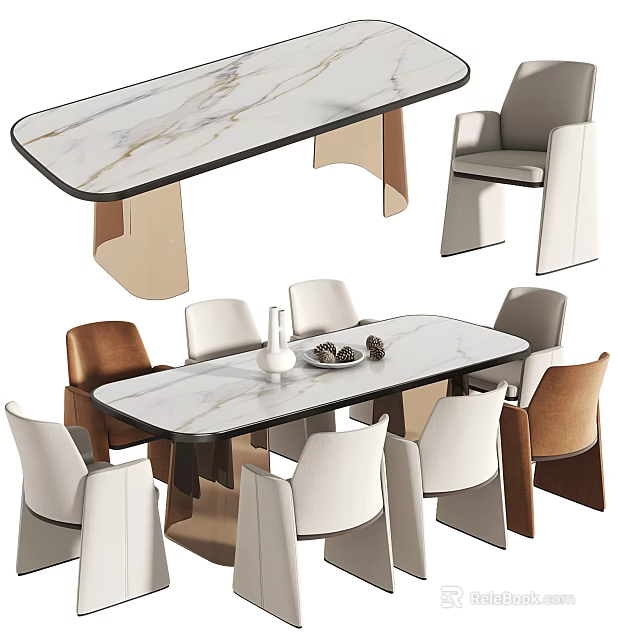 Modern Dining Table Set With Marble Top And Mixed White Brown Chairs 3d model