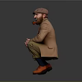 Man with Red Beard in Brown Coat and Green Sweater Squatting with Pipe on Gray Background