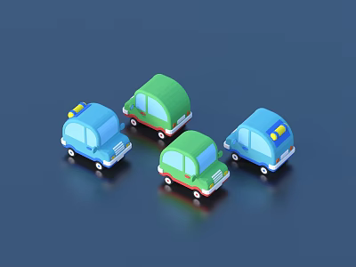 Colorful Cartoon Toy Cars in Blue and Green with Yellow Lights on Dark Surface 3d model