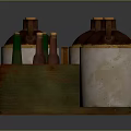 Essential Household Items Including Wooden Tray Jars With Lids And Colorful Bottles