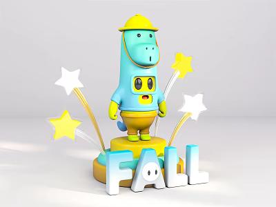Cute Blue Cartoon Character With Yellow Hat Pants Yellow White Stars On Fall Letter Base 3d model