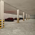 Parking Garage With Concrete Pillars Yellow Black Warning Strips Gray Concrete Floor And Brick Wall