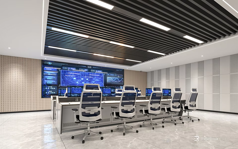 Modern Control Room Interior With Multiple Computer Screens Control Consoles And Ergonomic Chairs 3d model 