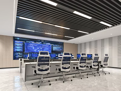 Modern Control Room Interior With Multiple Computer Screens Control Consoles And Ergonomic Chairs 3d model