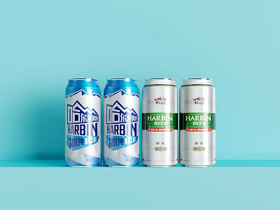 Harbin Beer Cans With Different Packaging On Light Blue Background 3d model