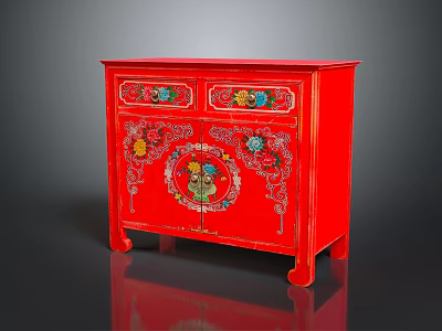 Red Decorative Cabinet With Colorful Hand Painted Patterns And Traditional Carved Details 3d model