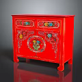 Red Decorative Cabinet With Colorful Hand Painted Patterns And Traditional Carved Details