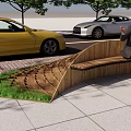 Curved Wooden Landscape Seat Design With Man Sitting On Lawn And Paved Area